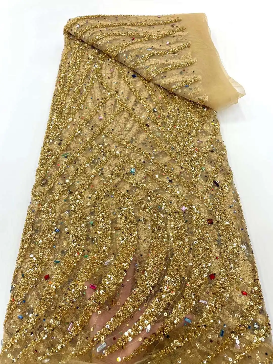 

Fashion Luxury French Embroidery Beaded Lace Fabric African Nigerian With Sequins Fabric For Wedding Dress ws