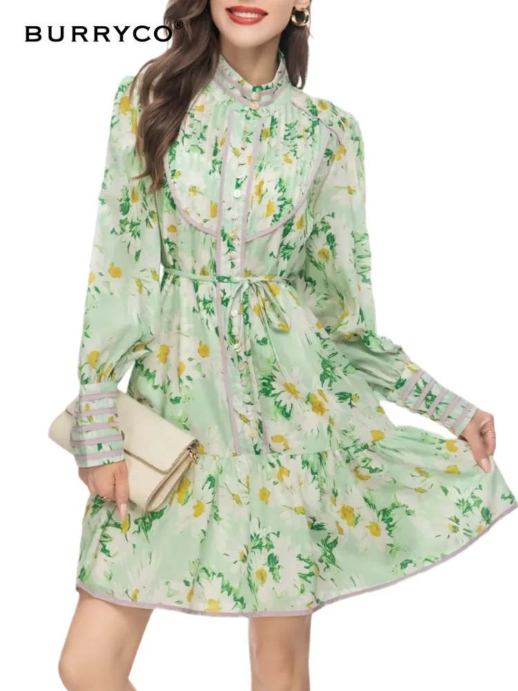 

BURRYCO Summer 2023 Women's Commuter Fashion Print Lace up Half High Collar Long Sleeve Art Gentle Dress