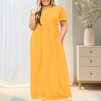 2024 New Women's Plus Size Casual Summer Dress - A-Line Short Sleeve Round Neck Maxi Dress, Machine Washable Solid Color Breatha