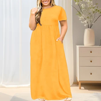 2024 New Women's Plus Size Casual Summer Dress - A-Line Short Sleeve Round Neck Maxi Dress, Machine Washable Solid Color Breatha 1
