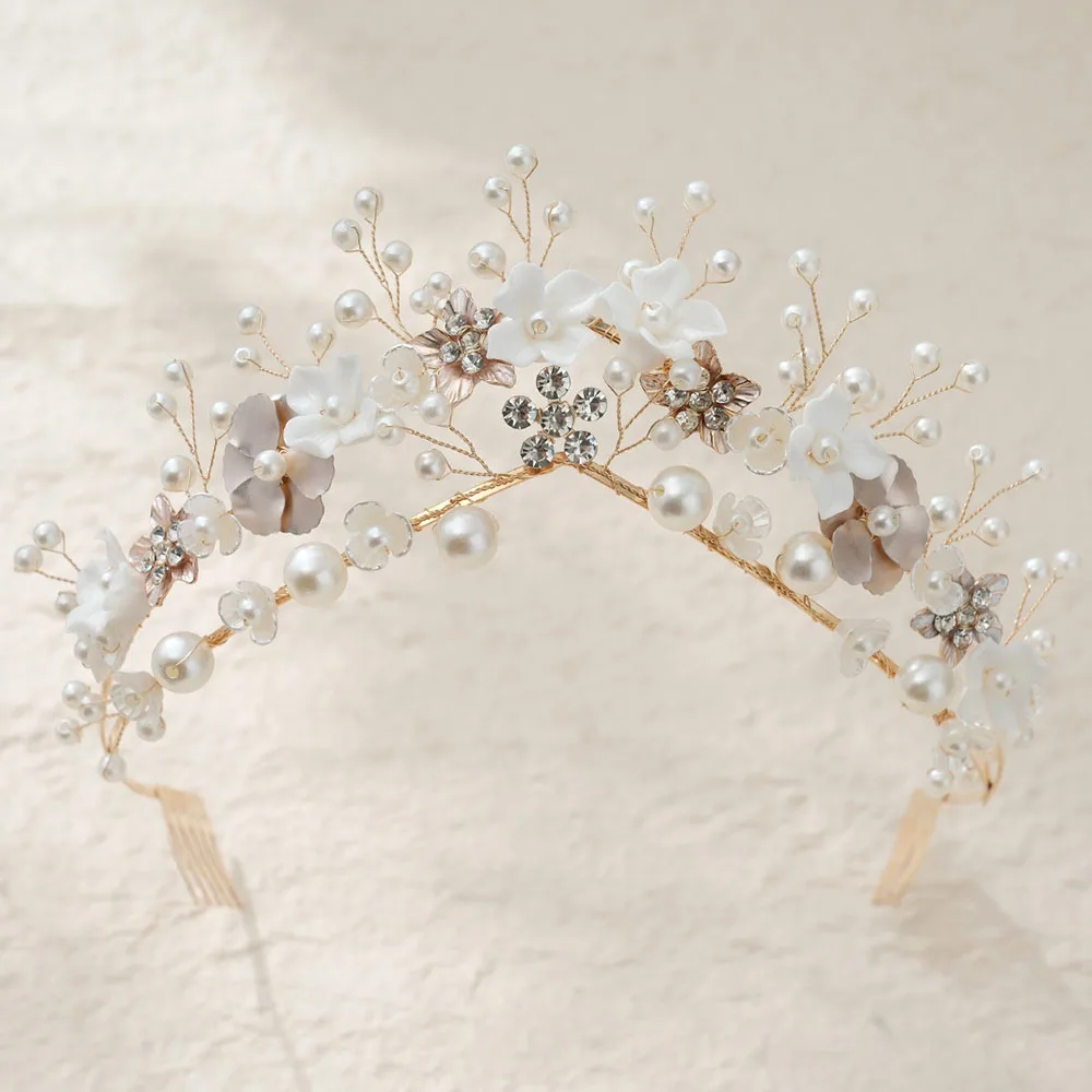 SLBRIDAL Handgefertigte Kristall-Strass-Perlen Blumen-Blatt Braut-Tiara Stirnband Hochzeitskrone Haaraccessoires Damen Mädchen Schmuck – Detail 18