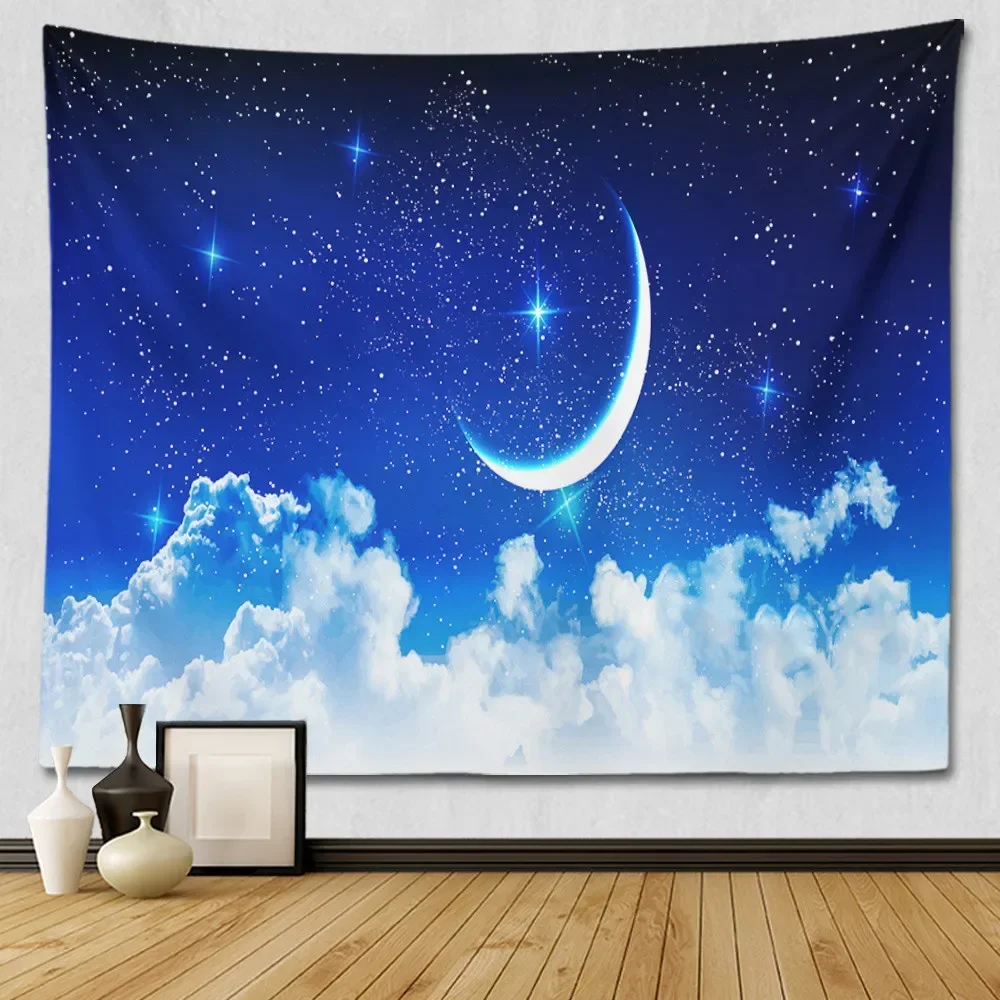Star Sky Moon Tapestry Hanging Decorative Blue Starry Night Galaxy Universe Large Fabric Wall Tapestry for Bedroom Wall Decor