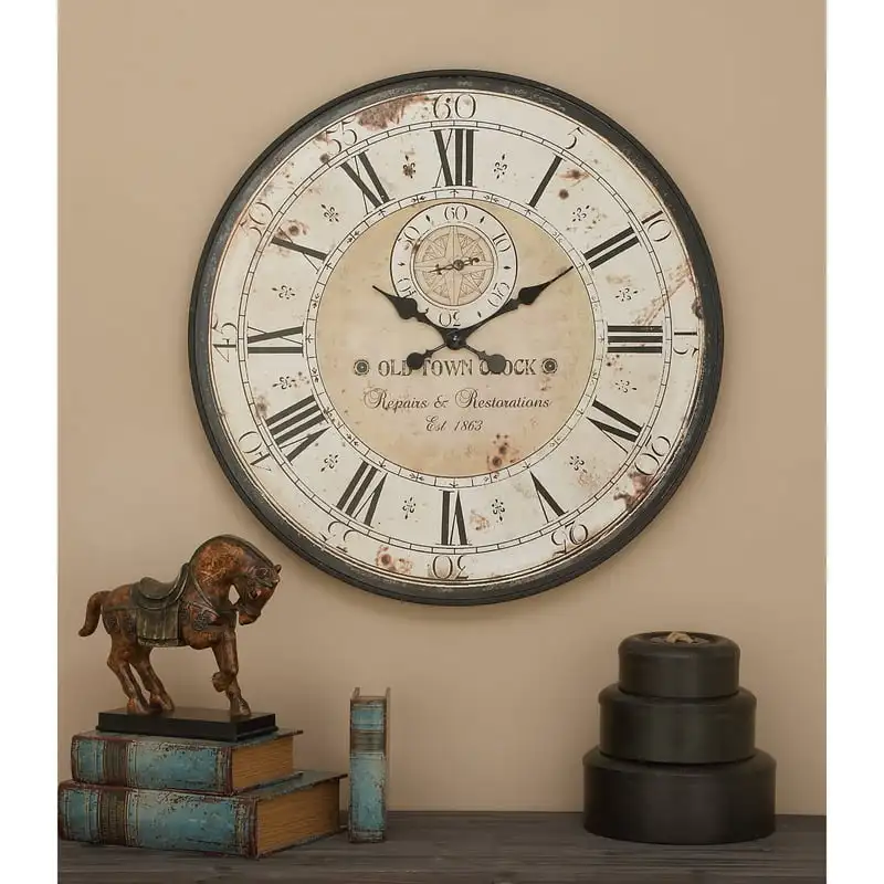 

Brown Wood Distressed Wall Clock with Typography Battery powered clock Wall clocks decoration Watch Kitchen clocks wall Adornos