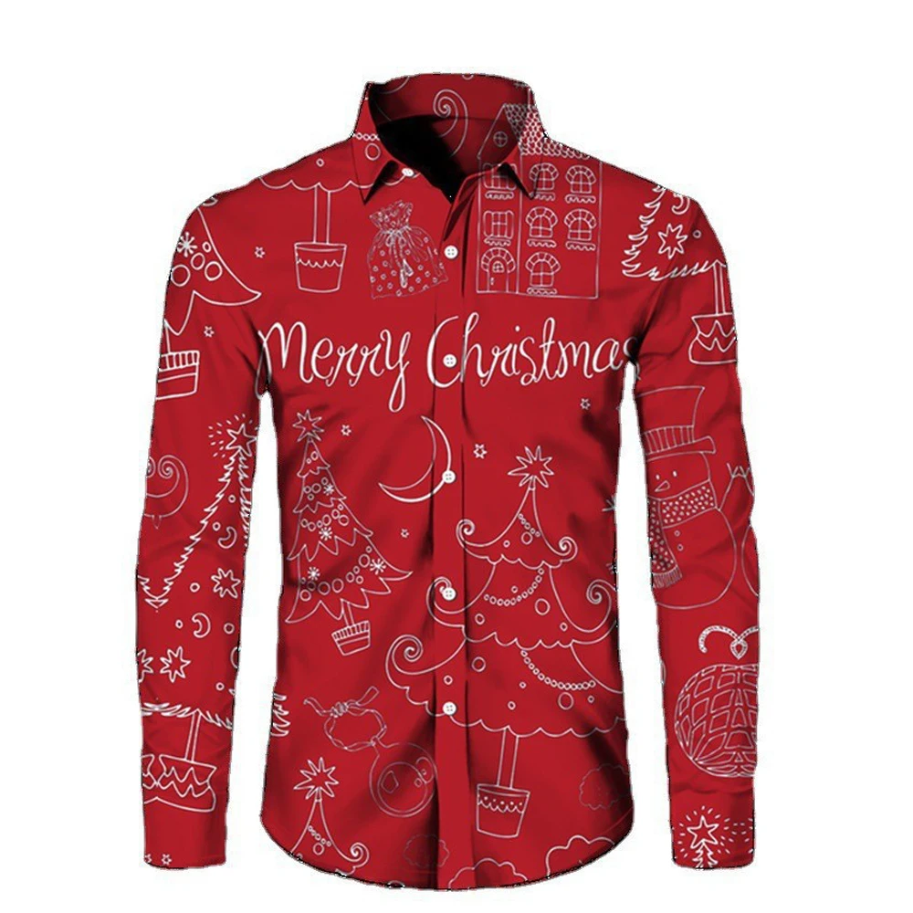 Camisas navideñas para hombre, camisas de manga larga con botones para fiesta de Papá Noel, camisas de calle para exteriores, camisa elástica de invierno con cuello vuelto