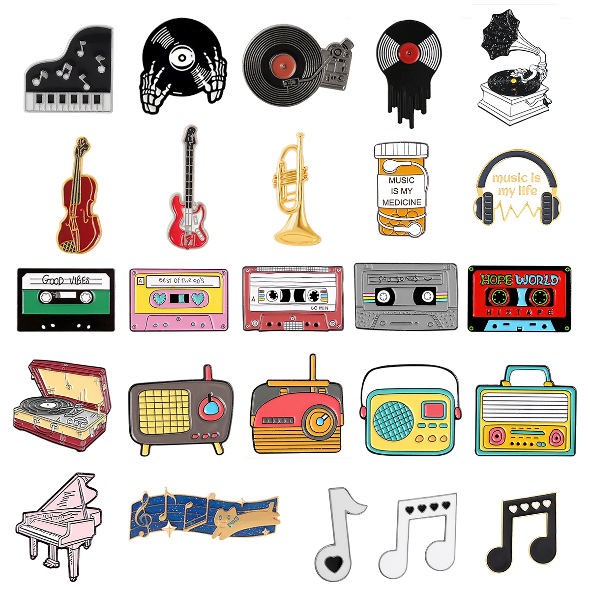 

Musical Instrument Piano Guitar Radio Musical Symbols Record Player Accessories Brooches Badge Lapel Pins Music Tape Brooch