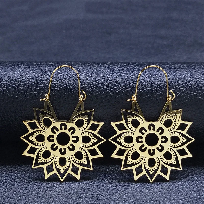 Trendy Yoga Lotus Flower Earrings Stainless Steel Gold Color Hoop Earrings for Women Jewelry boucles d'oreilles E9360S01 - Image 5