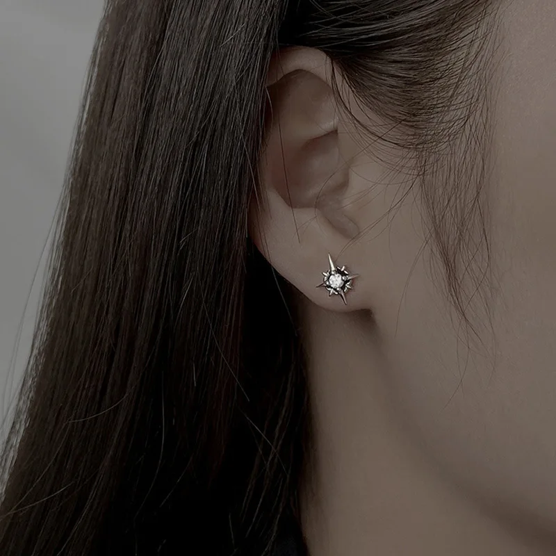 1Pair Cross Star Black and White Zirconia Stud Earrings for