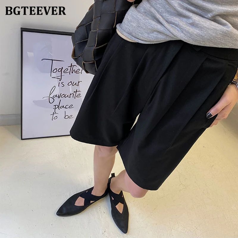 BGTEEVER Casual High Waist Double Button Solid Straight Shorts Women Spring Summer Fashion Ladies Wide Leg Suits Shorts