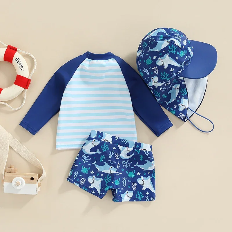 Toddler Baby Boys Swimsuit UPF 50+ Rash Guard Set Short Sleeve Blue Shark Dolphin Print Top+Shorts+Hat Swimwear Bathing Suit Kids swimsuits boys swim shorts