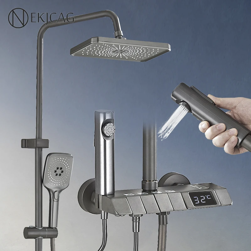 Piano Digital Shower Faucet Set Bathroom Bathtub Mixer Hot Cold Waterfall Tap Rainfall Shower System