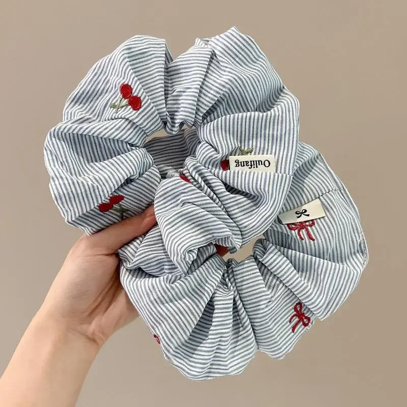 Set of 2 Stylish Korean Blue Striped Scrunchies with Red Bow and Cherry Design