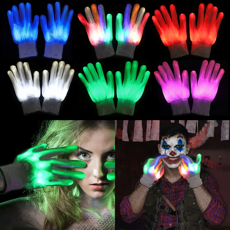 1pair LED Gloves Neon Luminous Lighting Glovers With Battery Glow In The Dark Halloween Christmas Party Cosplay Costume Supplies