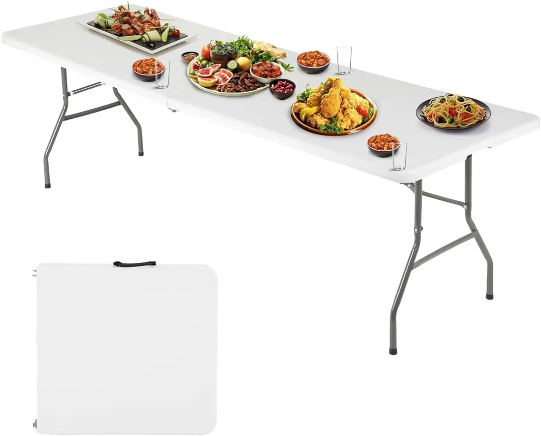 

6FT Folding Picnic Table for Outdoor, Portable Fold-in-Half Plastic Dining Picnic Party Table with Carrying Handle