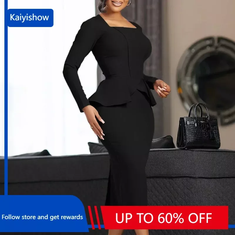 Autumn Winter Fashion Patchwork Ruffle Pencil Dress African Women Elegant OL Solid Square Neck Long Sleeved Tight Dress Women