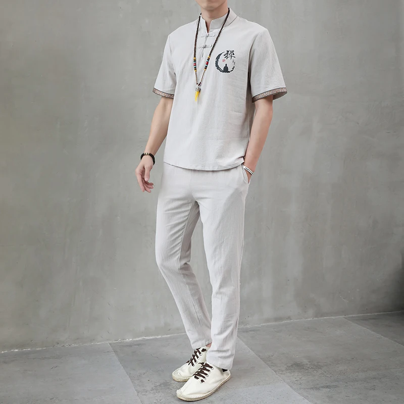 

New Arrival Men's Cotton and Linen Short Sleeve T-shirt+Ankle Length Pant Set Solid Shirt+Trousers Home Suits Male Size M-4XL