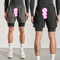 Invisible Open Crotch Outdoor Sex Basketball Shorts Men's Double Layer 2-in-1 Shorts Running Training Stretch Fitness Sweatpants 1