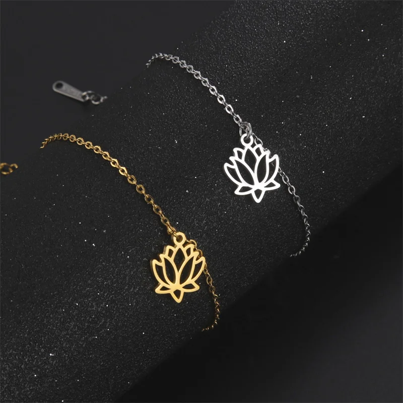 Trendy stainless steel anklet foot bracelet gold color lotus flower chain anklets for women bracelet on the leg jewelry gifts ankle chains silver anklet bracelet beads anklet fashion accessories toe foot bracelet