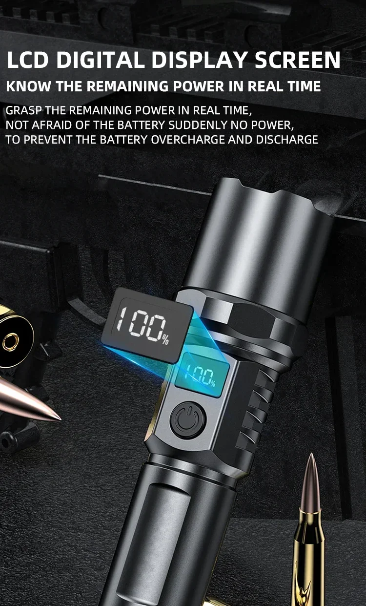Description Picture 6 of itemSuper Bright White Laser Led Flashlight Tactical Torch with Power Display USB Rechargeable Camping Emergency Zoom Lantern