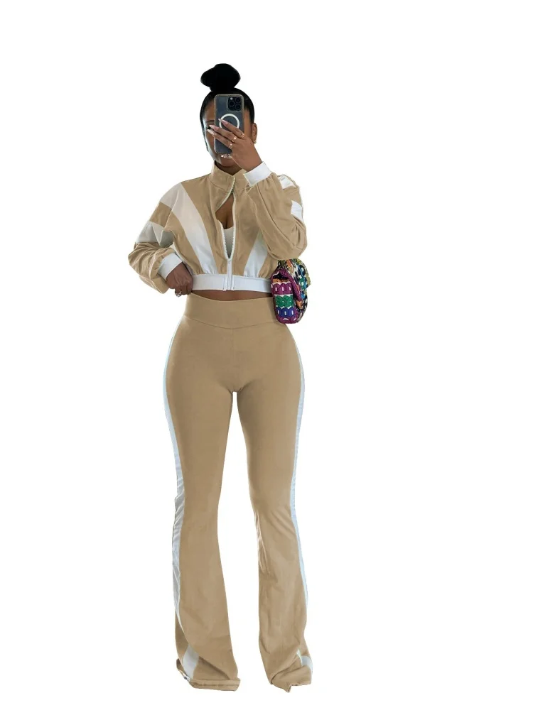 Wmstar Two Piece Set Women Wholesale New Style Color Block Design Form Fitting Flared Pants Long Sleeved Casual Summer 2025