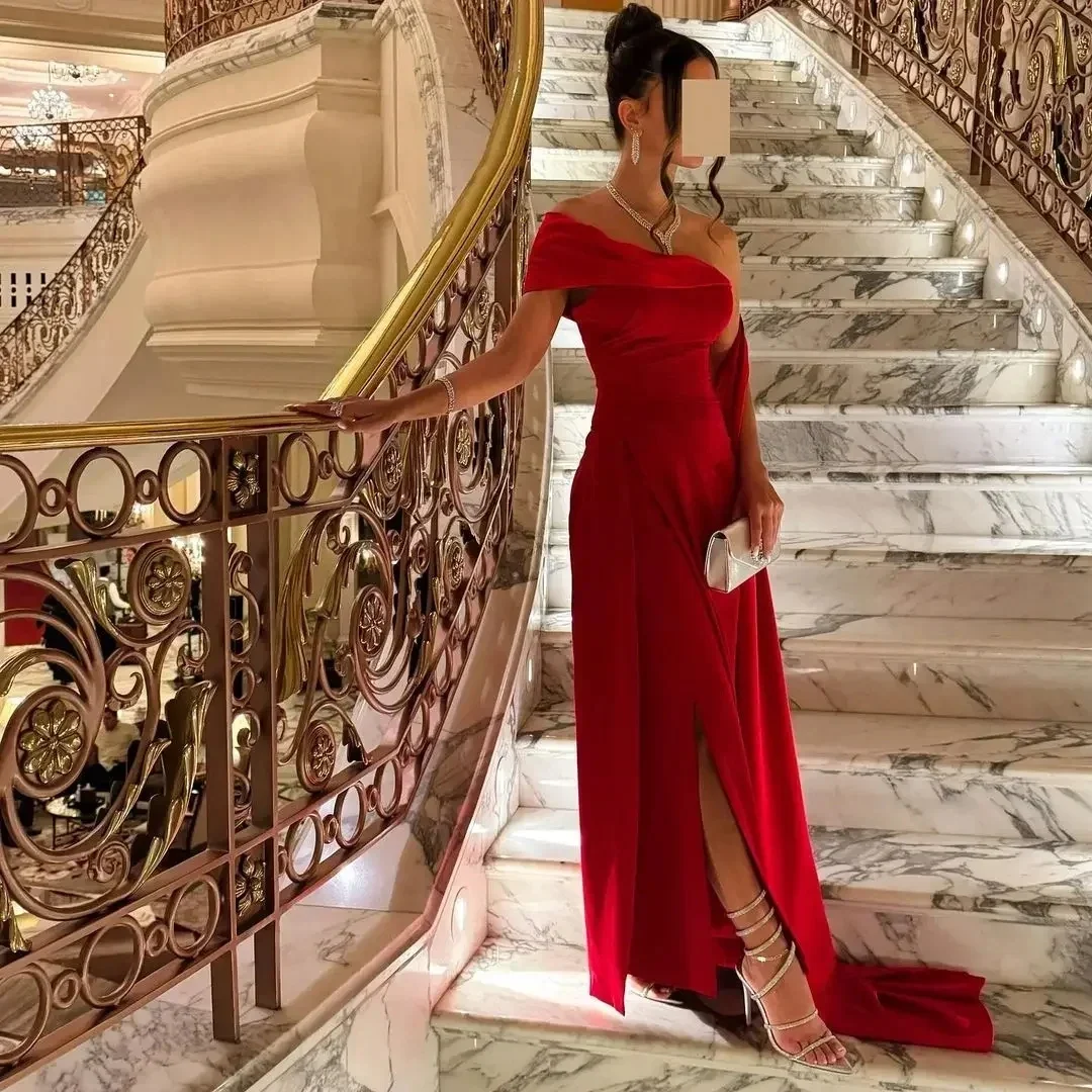 

Evening Dress Elegant A-Line Red Long Prom Dress Pleated Off The Shoulder High Side Slit Party Dress Gowns Saudi Arabia