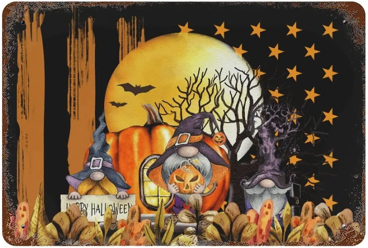 

Vintage Wall Poster Metal Plaque Halloween Gnome Pumpkin with American Flag Vintage Metal Sign Garden Decorative Plaque