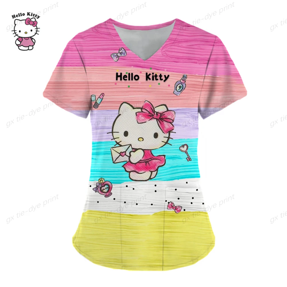 thumbnail image 1 of Ropa de mujer, camisetas de verano, camisetas de Hello Kitty, camisetas con cuello en V, camisetas con bolsillos, uniformes de enfermera, camisetas de hospital, camisetas para mujer 2023, 1 of 5