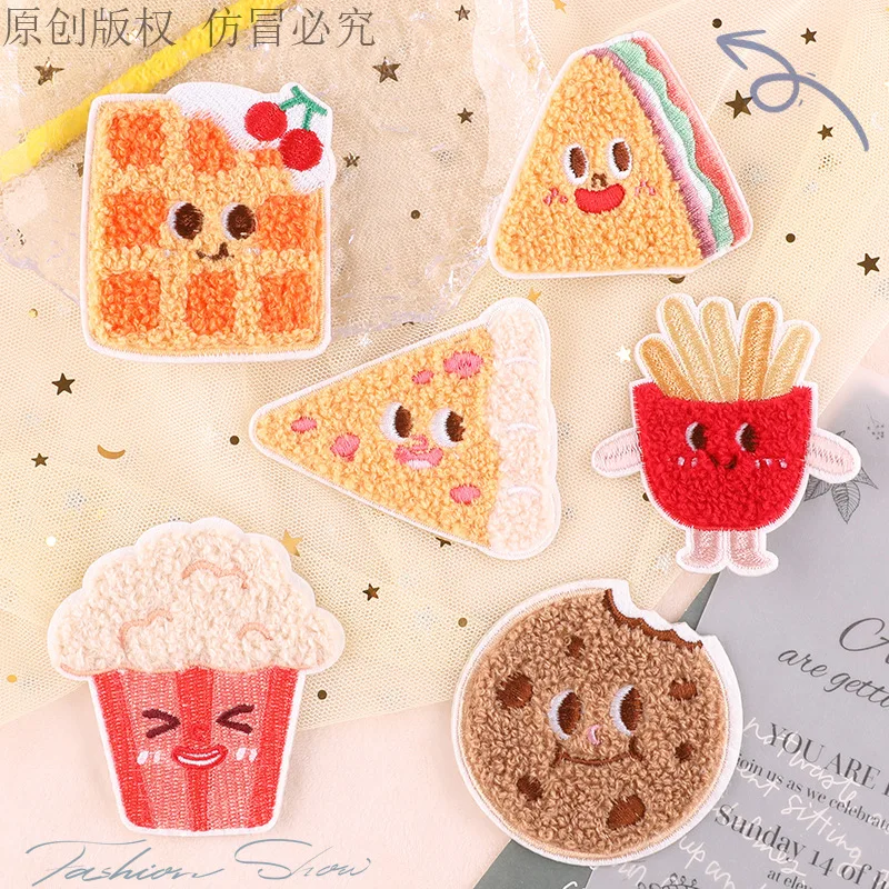 

2024 Towel Embroidery Patch Biscuits Pizza French Fries Stickers DIY Self-Adhesive Badges Fabric Patches Cloth Bag Accessories