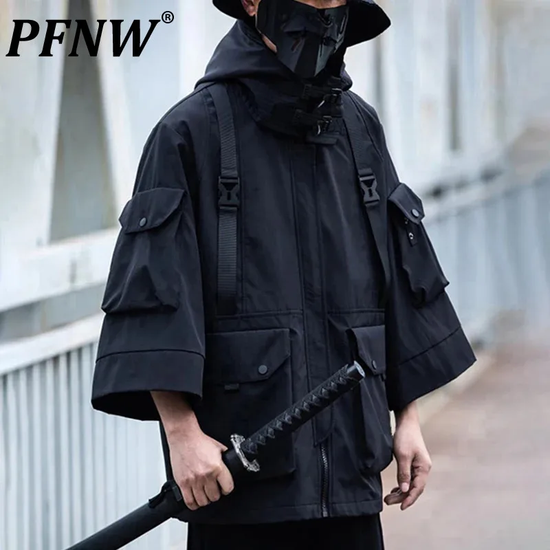 

PFNW Spring Men's Darkwear Functional Hooded Jackets Punk Outdoor Safari Style Motorcycle Techwear Handsome Trench Coat 12A4845