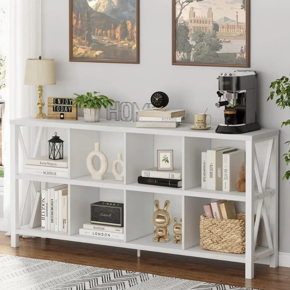 

8 Cube Storage Organizer Bookshelf, Rustic Wood Cubby Bookcase, Industrial Horizontal Long Shelf for Living Room