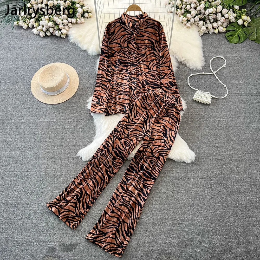 

Fashion Loose Print Leopard Two Piece Set 2023 Women's Clothing Autumn Elegant Lapel Long Sleeve with High Waist Wide Leg Pants
