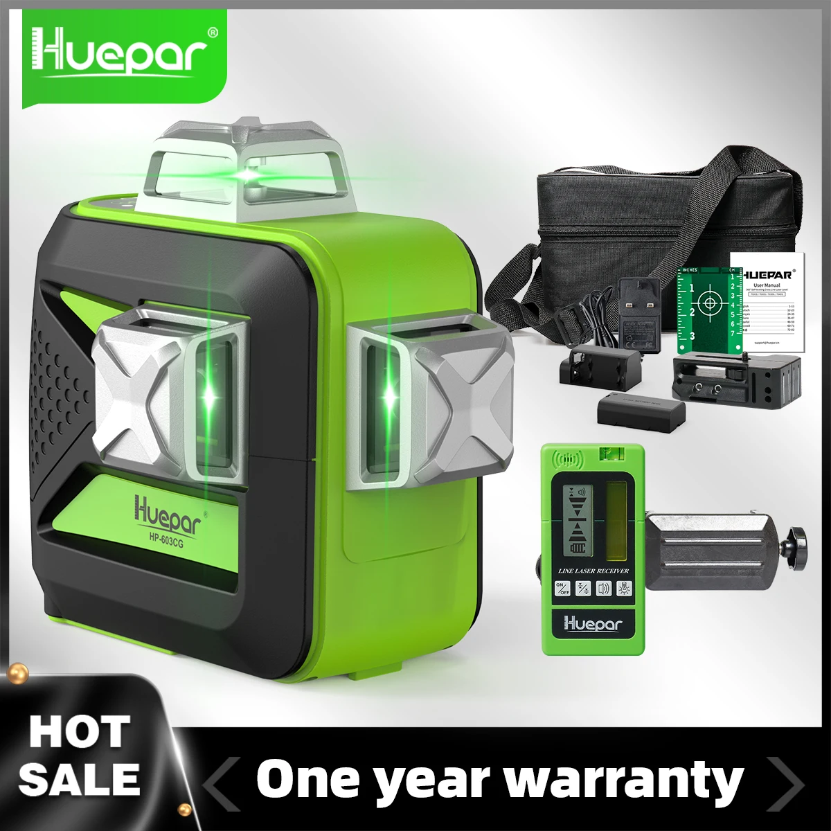 Huepar 3D 12 Linee 603Cg Green Beam Livello Laser Autolivellante 3X360 Cross Line Laser Usb Charge Batteria Agli Ioni Di Litio A Secco Con Ricevitore