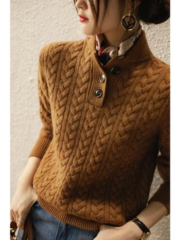 Knitted Pullover Top Sweater, Stand-up Collar, Half-Open Lapel, Twisted Twist Texture, Pure Cashmere, Baseball, Elegant 1
