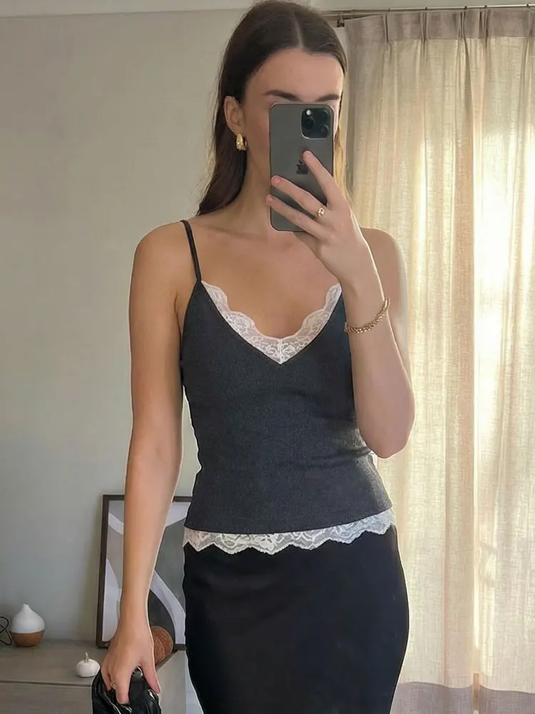 HH Women Lace Splicing Strap Tops Sexy Slim V Neck Sleeveless Tank Top Basic Solid  Fashion High Street Lady Thin Camisole Top