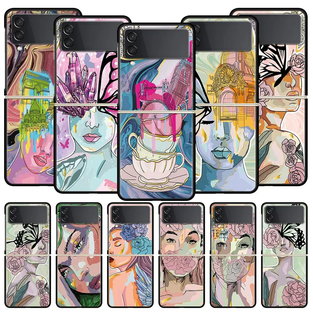 Paris Art Blue Butterfly Girl Flower Phone Case Per Samsung Galaxy Z Flip 3 4 5 Black Folding Mobile Shell Hard Protect Cover