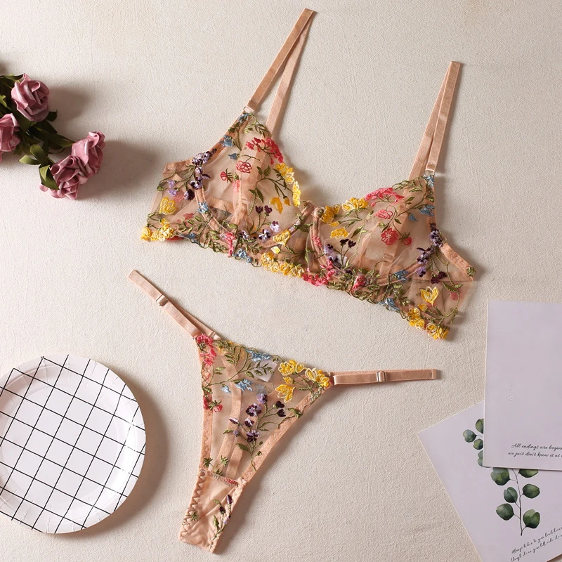Sexy Perspective Lingerie Fancy Lace Set 2 Pieces Transparent Women'S Underwear See Through Floral Embroidery Bra And Panty Set