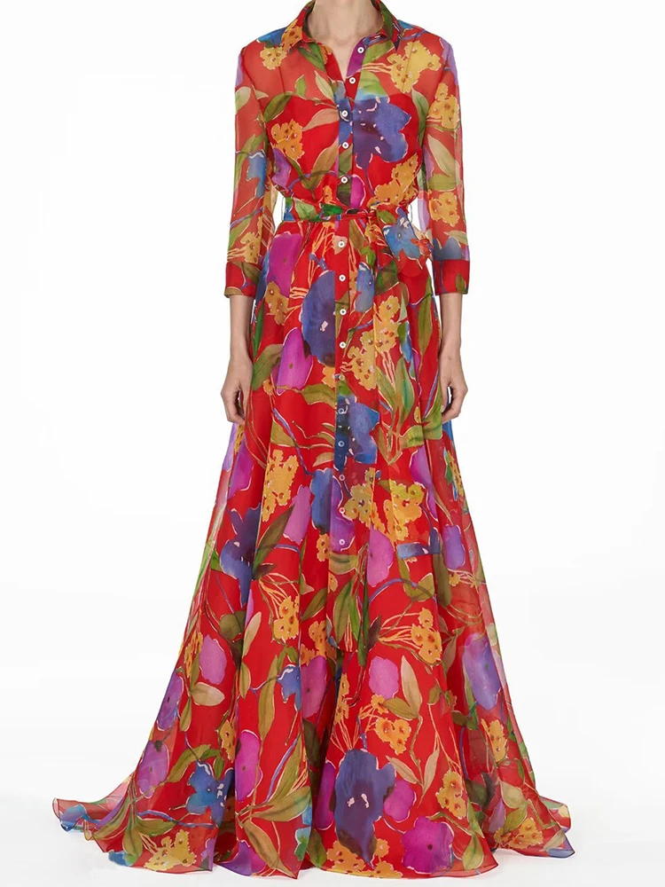 

HIGH STREET Newest 2023 Fashion Stylish Women's Elegant Shirt Neck Long Sleeved Printed Single Breasted Lacing Maxi Long Dress