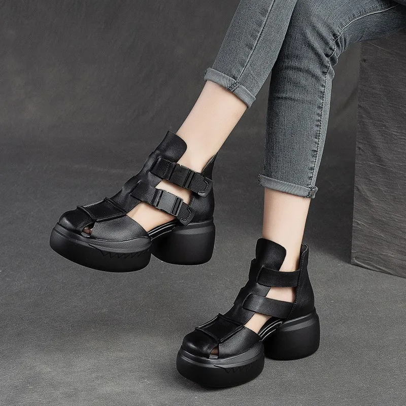 GKTINOO 2024 New Summer Black Women Genuine Leather Sandals Cool Boots Platform Shoes Wedges Sandals Women Shoes Outdoor Sandals