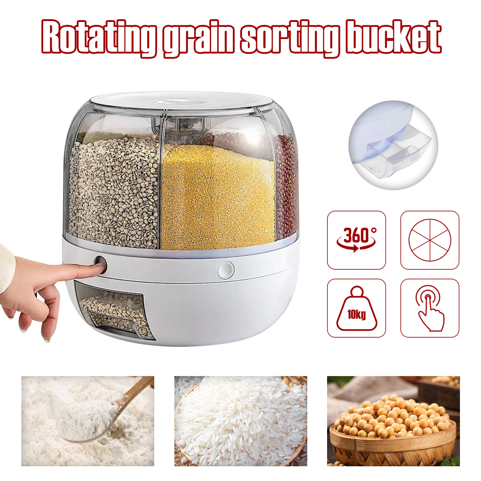 

Cereal Storage Container Kitchen Rice Dispenser Rotating Food Barrel Sealed Rice Tank Grain Box Large Dry Grain Storage 10kg