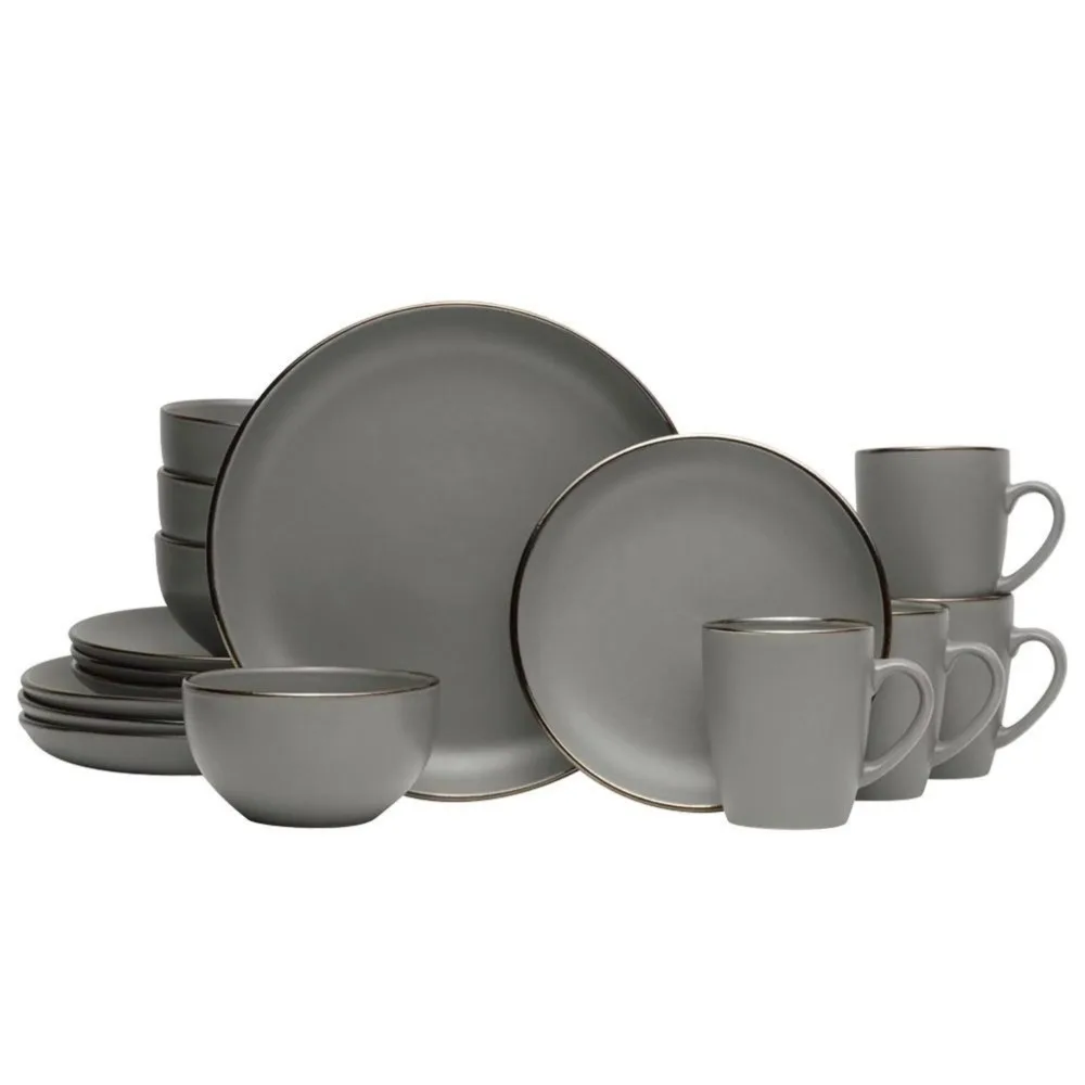 

16 Piece Stoneware Dinnerware Set Grey Metallic Rim Tableware Set High Quality Structure Dishwasher and Microwave Safe