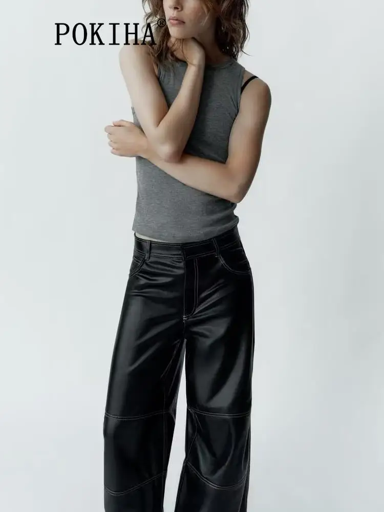 

Pokiha Fashion Women New 2023 Casual Faux Leather Straight Pants Vintage High Waisted Zipper Fly Chic Female Trousers Mujer