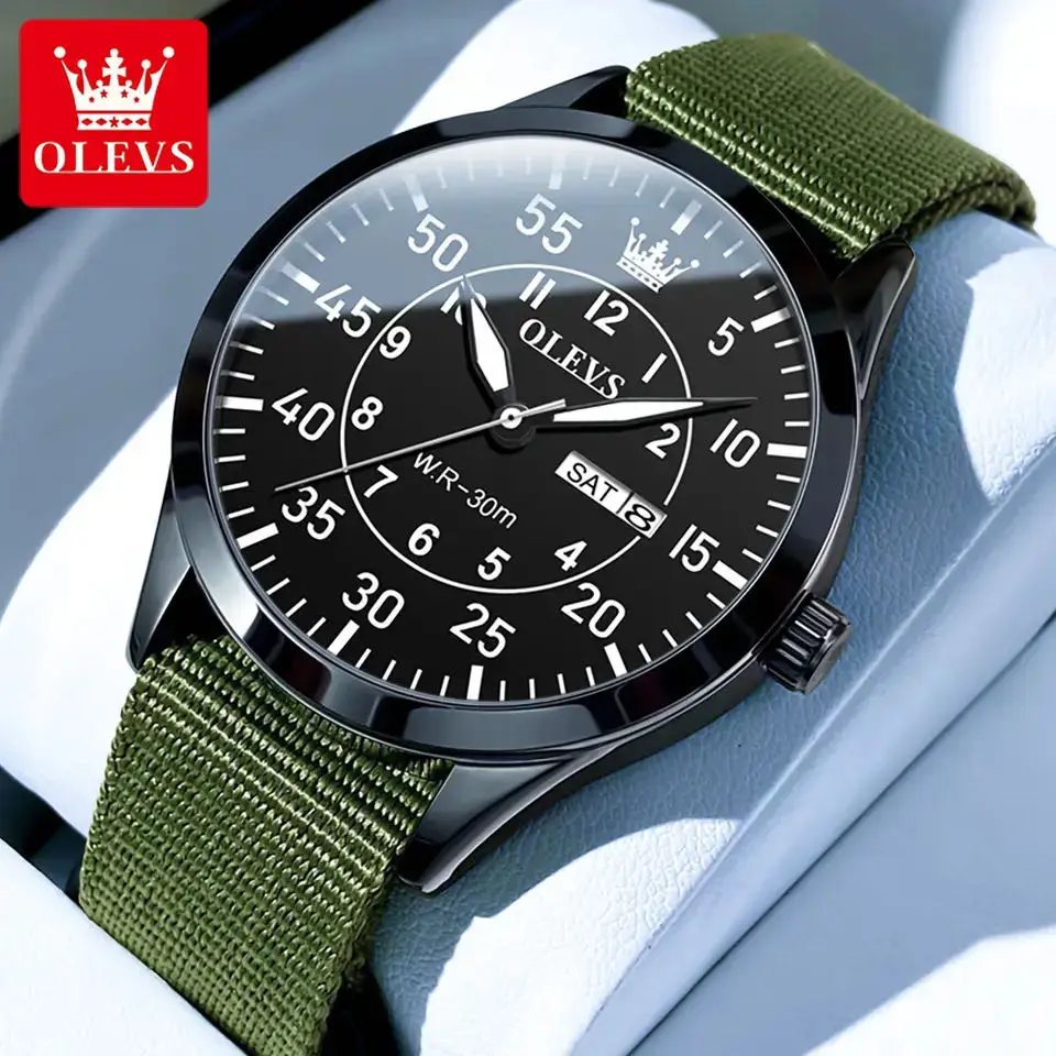 OLEVS Quartz Watch for Men Original Army Green Nylon Strap Waterproof Lumious Dual Calendar Sport Fashion Style Men's Wristwatch for huawei band 7 soft nylon watch band adjustable loop fastener sport strap wristband replacement pink