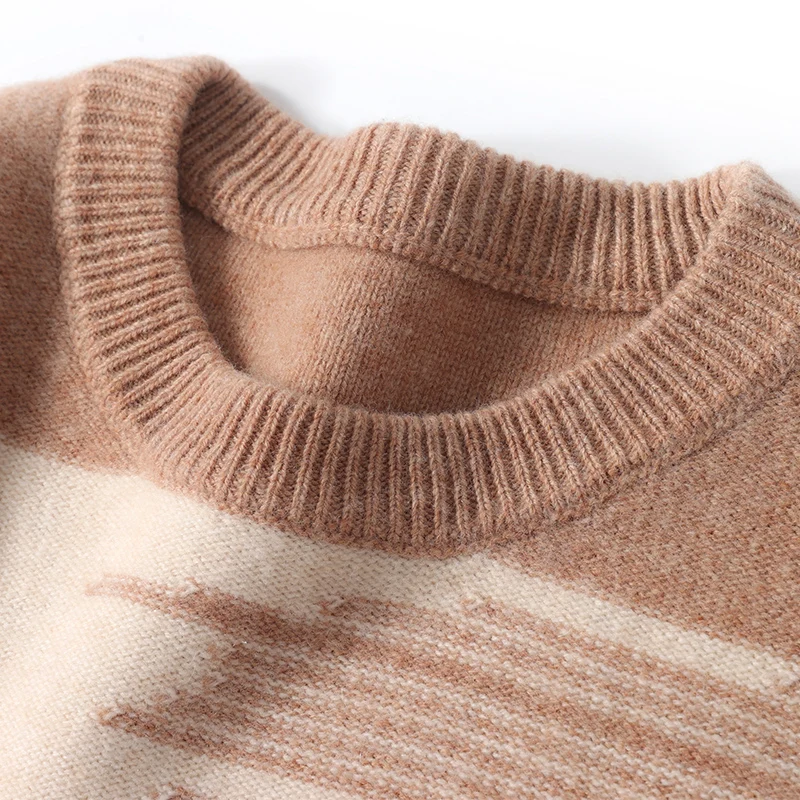 New Autumn Winter Thick Warm Cashmere Sweater Men's Round Neck Knitted Pullover 100% Merino Wool Contrasting Menswear 6