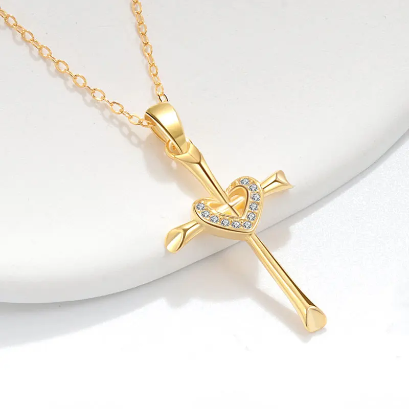 925 Sterling Silver Crystal Love Heart Cross Pendant Necklace for Women Wedding Party Jewelry Gift