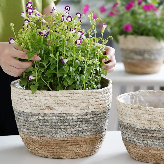 Cesta de mimbre tejida hecha a mano para flores, maceta para