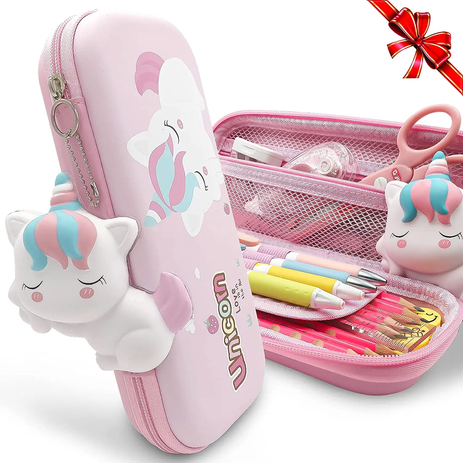 Estuche de lápices de unicornio blando, bonito estuche Antiestrés con unicornio para apretar para niños, gran con compartimento y cremallera -