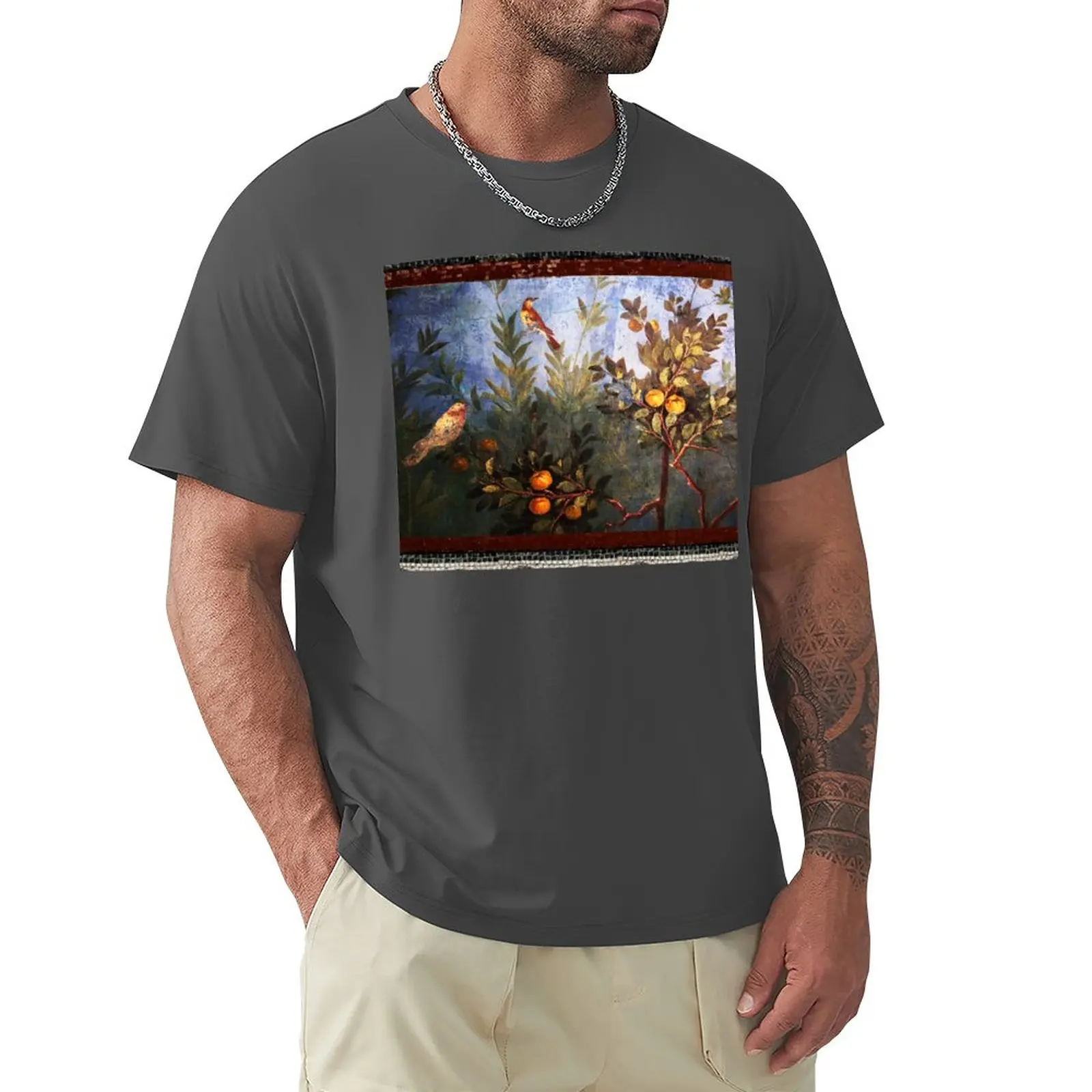 

ANTIQUE ROMAN WALL PAINTING Flower Garden Flying Birds Over Quince Trees T-Shirt Aesthetic clothing graphics mens funny t shirts