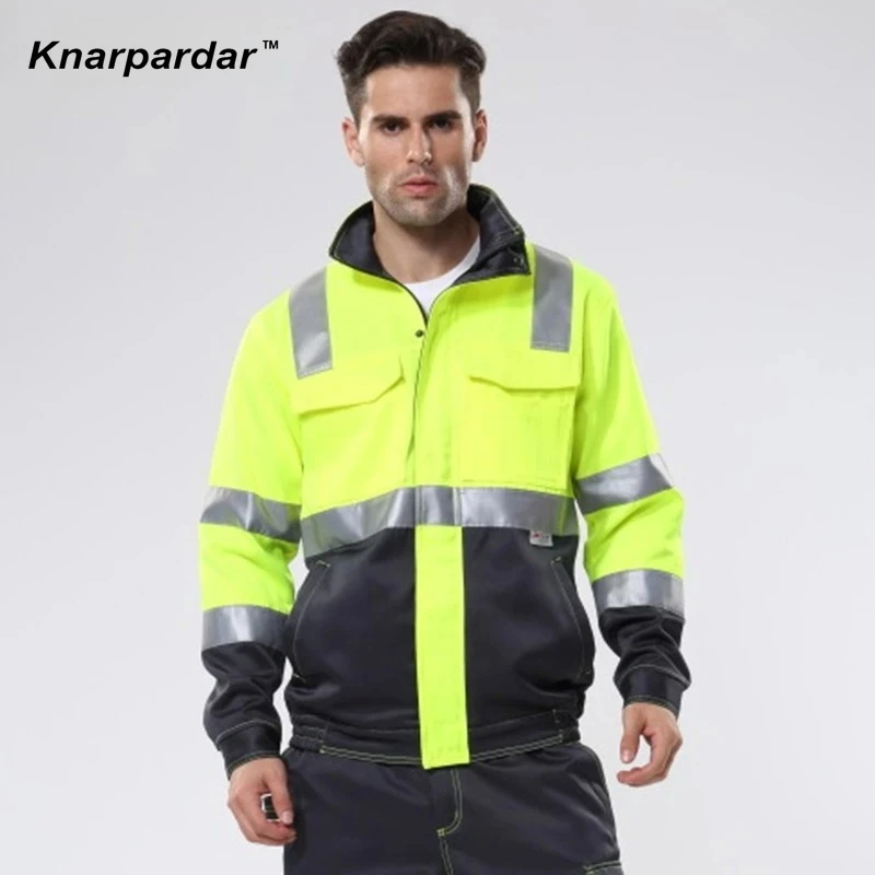 고가시성 노란색 네이비 작업복 재킷과 바지 작업복 세트 고가시성 테이프 작업 재킷 바지