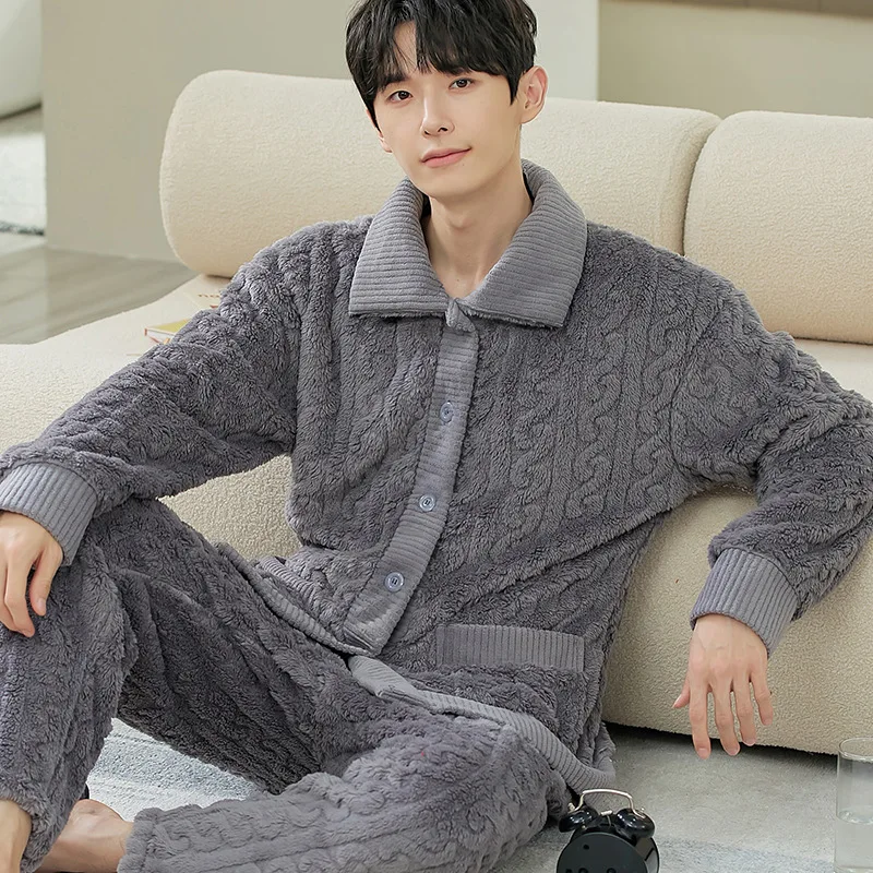 

Sleepwear Pyjamas Autumn Winter Men Pajamas Sets Coral Velvet Long Sleeve Warm Flannel Loungewear Sets Thick Korean Clothes
