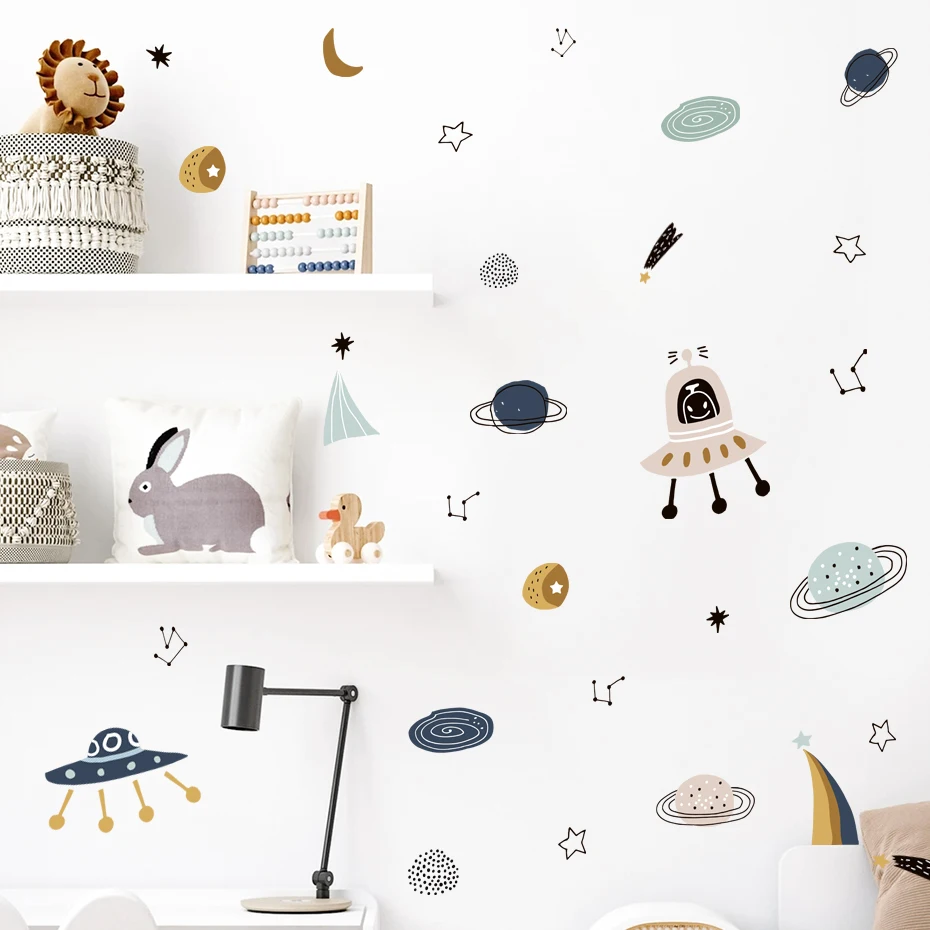 Cartoon Ufo Aliens Planet Pattern Watercolor Kids Wall Sticker Vinyl Nursery Art Decals for Babys Boys Room Playroom Home Decor