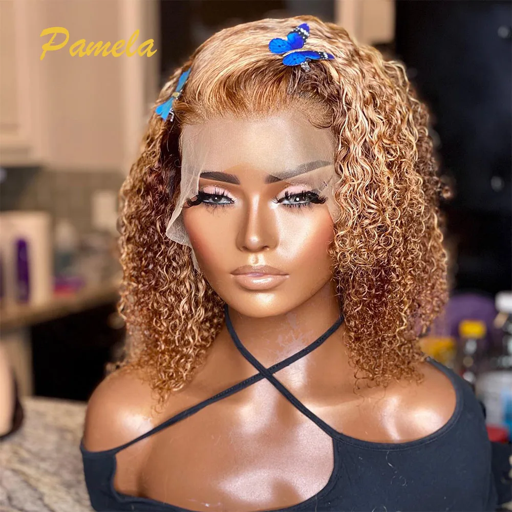 Honey Blonde Short Curly Bob Human Hair Wig Pre plucked Ready To Wear Highlight 27 30 Colored Transparent Lace Frontal Wig